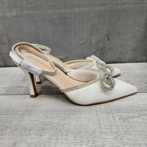 Ainrock Women Size 8.5 Rhinestone Heels Sparkly Wedding Closed Pointed Toe White - Picture 7 of 16